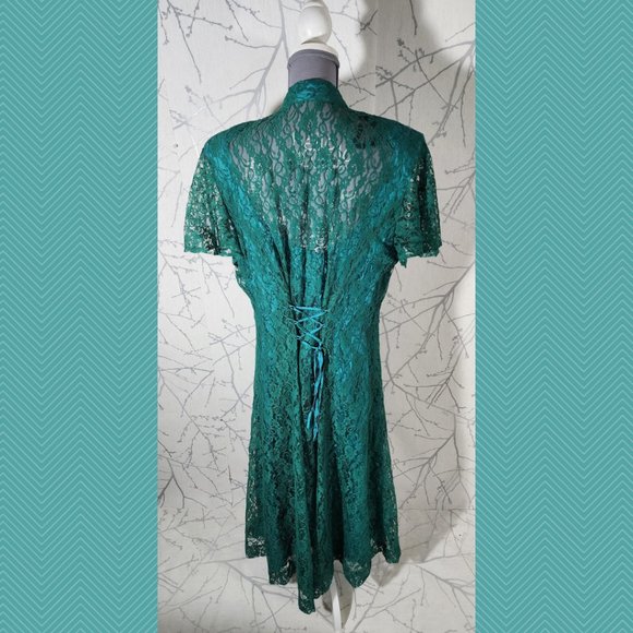 Nu Mode Vintage Emerald Green Lace Overlay Maxi Dress Edwardian - Picture 6 of 8